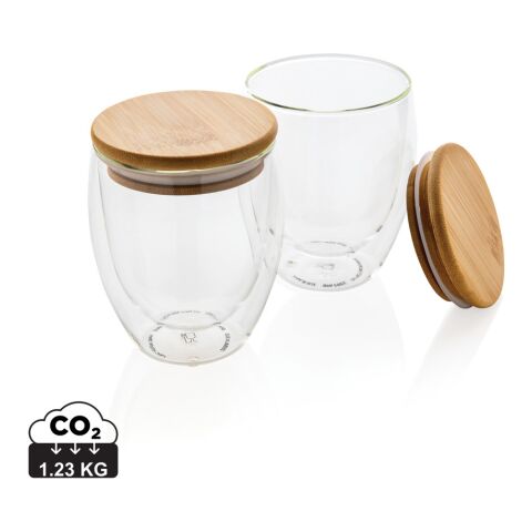 Dubbelväggigt borosilikatglas med bambulock, 250ml, 2-pack vit | Inget reklamtryck | Inte tillgängligt | Inte tillgängligt