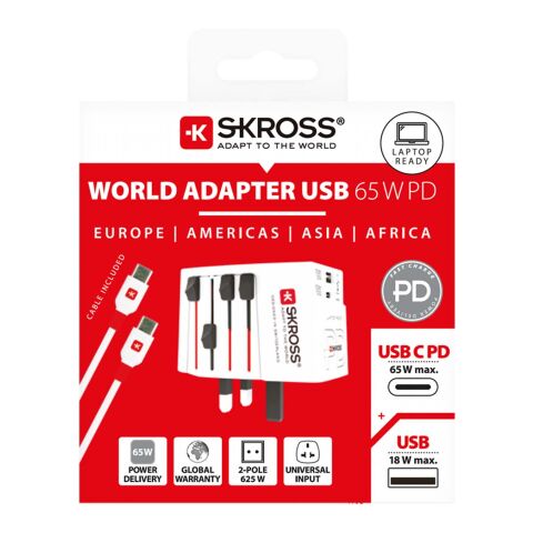 SKROSS® MUV AC65PD världsadapter med USB-C-kabel  vit