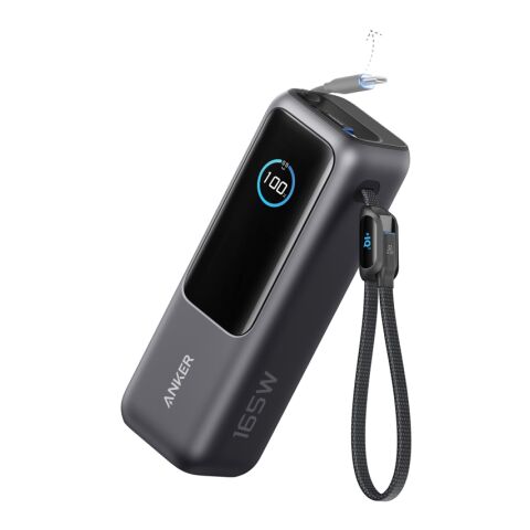 Anker Powerbank 25.000 mAh 165W med inbyggd utdragbar kabel grå-svart | Inget reklamtryck | Inte tillgängligt | Inte tillgängligt