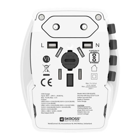 SKROSS® MUV AC65PD världsadapter med USB-C-kabel  vit