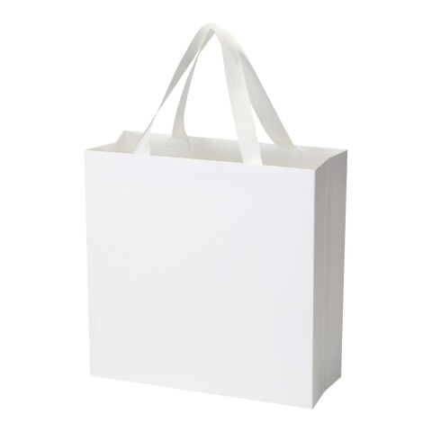 Smartfold 230 g/m² papperspåse med satinhandtag och glansig laminering – 31 x 12 x 31 cm vit