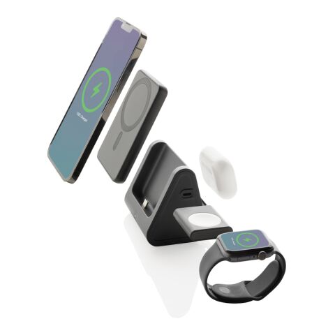 Powerbase 3-i-1-laddare med powerbank i RCS återvunnen plast svart | Inget reklamtryck | Inte tillgängligt | Inte tillgängligt