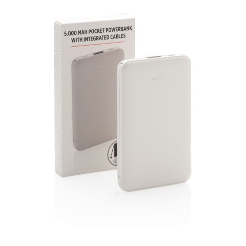 5.000 mAh powerbank i fickformat med integrerade kablar vit | Inget reklamtryck | Inte tillgängligt | Inte tillgängligt