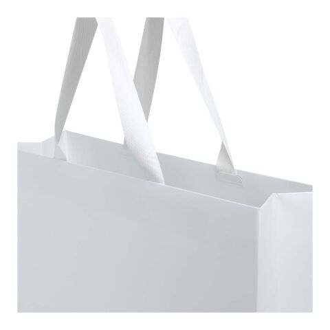Smartfold 230 g/m² papperspåse med satinhandtag och glansig laminering – 42 x 12 x 35 cm vit