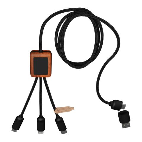 SCX.design C38 3-i-1 rPET-laddningskabel med upplyst logotyp och fyrkantigt trähölje Standard | Svart-Trä | Inget reklamtryck | Inte tillgängligt | Inte tillgängligt