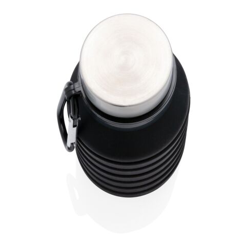 Läckagesäker hopvikbar silikonflaska med lock svart | Inget reklamtryck | Inte tillgängligt | Inte tillgängligt