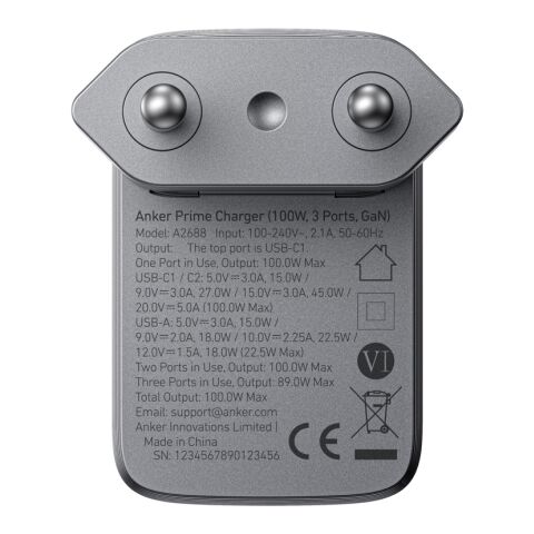 Anker Prime laddare (100W, 3 Ports, GaN) grå