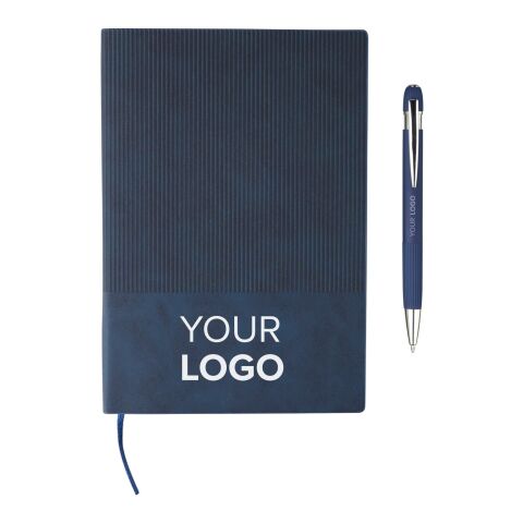 Recycled PU notebook (A5) and ballpen set Tarek Blå