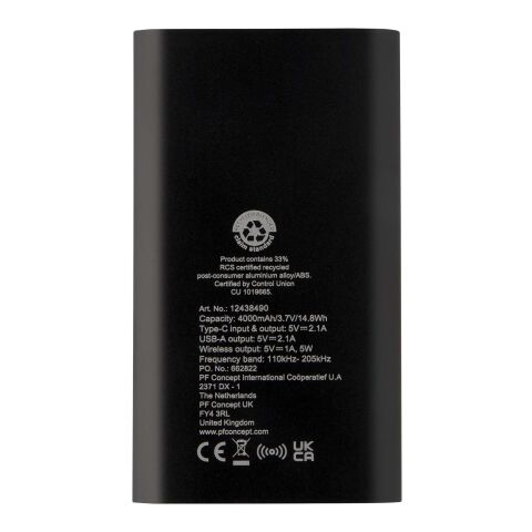Juice trådlös 4 000 mAh Type C-powerbank i återvunnen aluminium  Svart