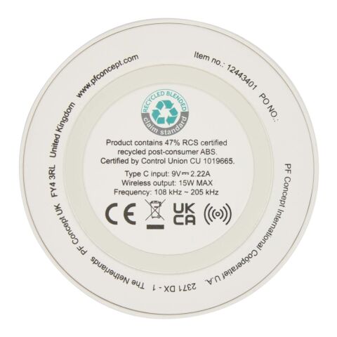 Freal 15 W trådlös laddningsplatta av återvunnen plast Standard | vit | Inget reklamtryck | Inte tillgängligt | Inte tillgängligt