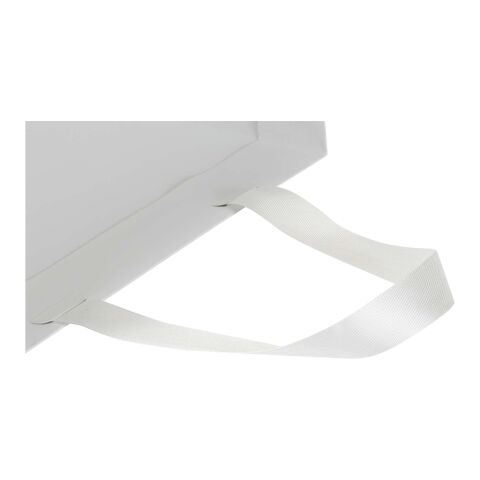 Smartfold 230 g/m² papperspåse med satinhandtag och glansig laminering – 31 x 12 x 31 cm vit
