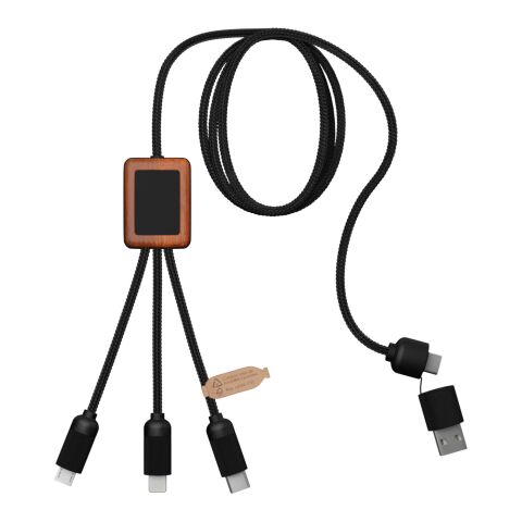 SCX.design C38 3-i-1 rPET-laddningskabel med upplyst logotyp och fyrkantigt trähölje Standard | Svart-Trä | Inget reklamtryck | Inte tillgängligt | Inte tillgängligt