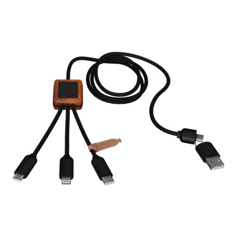 SCX.design C38 3-i-1 rPET-laddningskabel med upplyst logotyp och fyrkantigt trähölje Standard | Svart-Trä | Inget reklamtryck | Inte tillgängligt | Inte tillgängligt